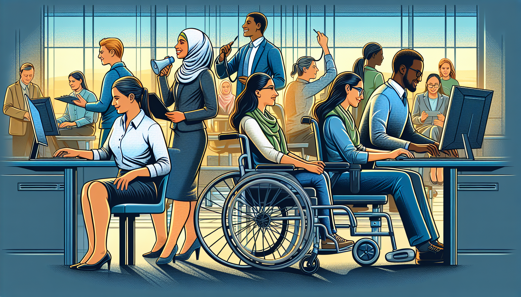 Illustration of diverse group of employees in a workplace setting