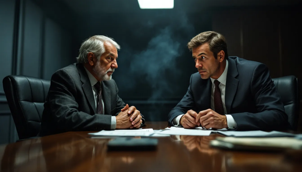 A small business owner reviewing a Chapter 11 reorganization plan with an attorney.