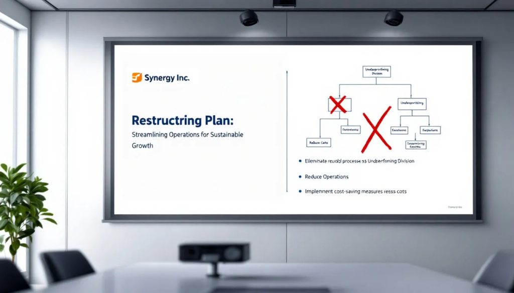 A visual representation of implementing a restructuring plan in a small business.