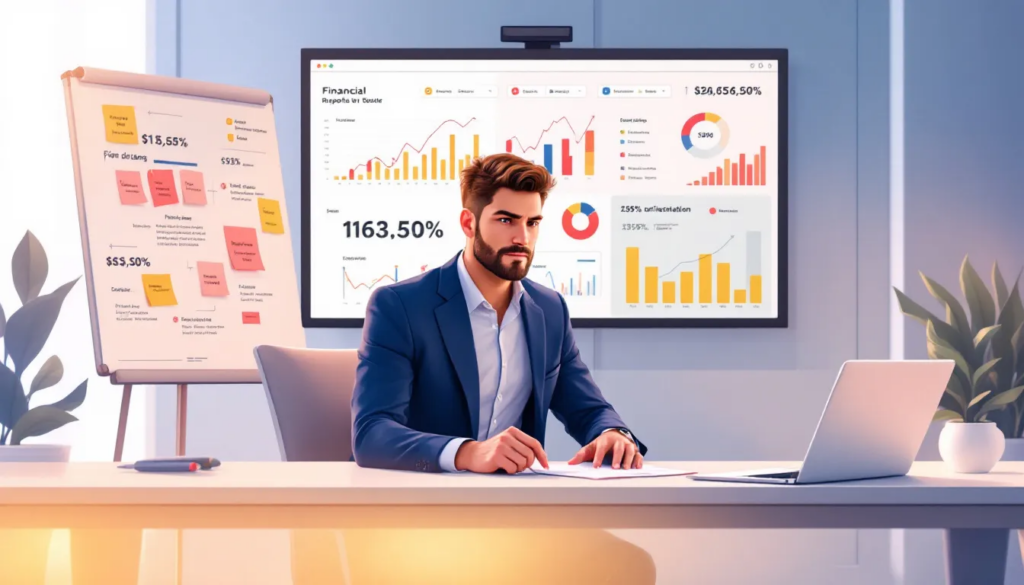 An illustration depicting a small business owner assessing their financial circumstances for restructuring.