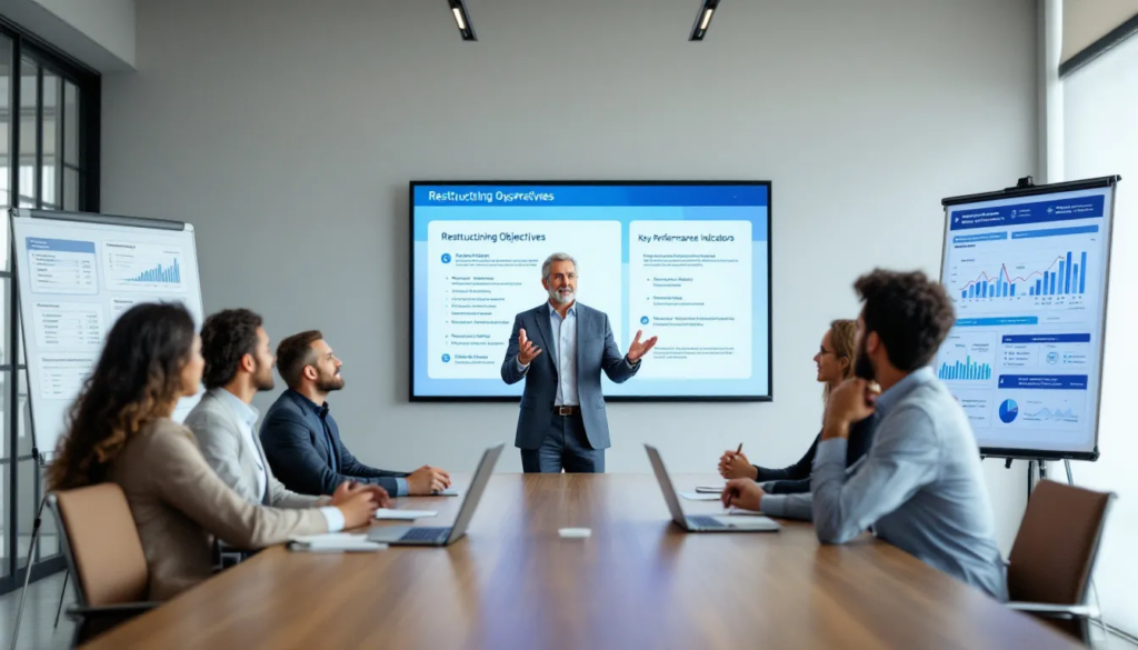 A small business restructuring team in a meeting to assemble their strategies.
